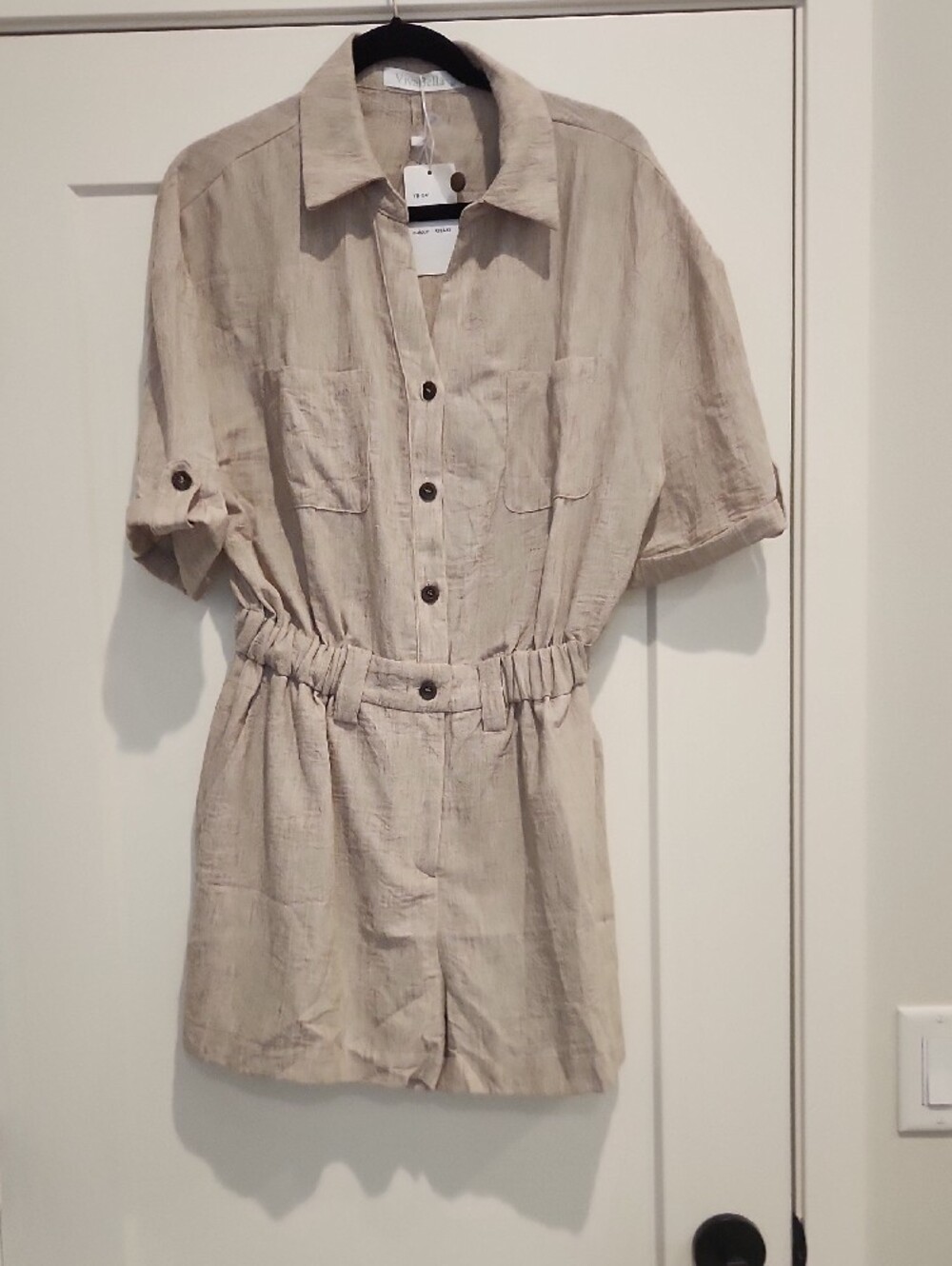 VIVABELLA Beige Utility Romper - Short Sleeve